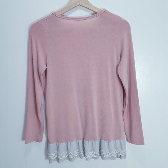 Soft Rose Pink Long Sleeve Top with Lace Frill Hem - Picture 2 of 7